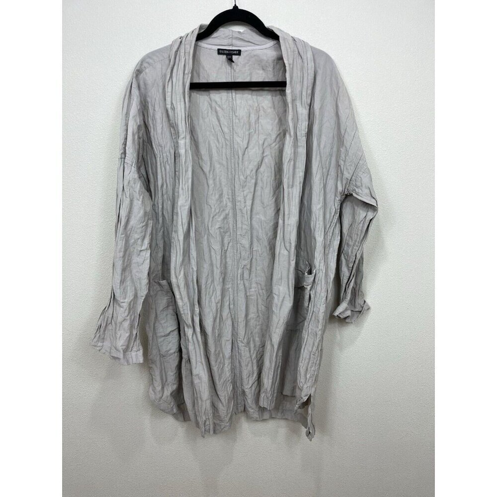 Eileen Fisher Gray Crinkle Crepe Draped Open Cardigan Jacket w Pockets Size L